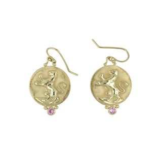 Mazza 14K Gold Lion Drop Earrings with Pink Sapphires