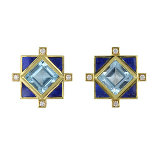 Mazza 14K Blue Topaz Square Earrings with Lapis & Diamonds