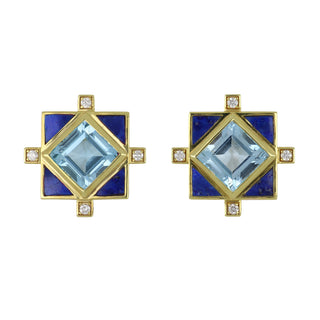 Mazza 14K Blue Topaz Square Earrings with Lapis & Diamonds