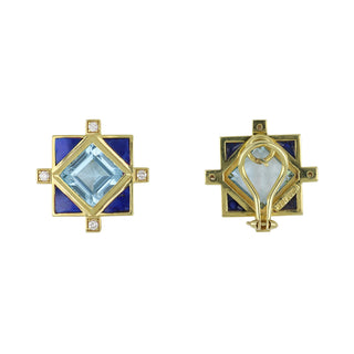 Mazza 14K Blue Topaz Square Earrings with Lapis & Diamonds