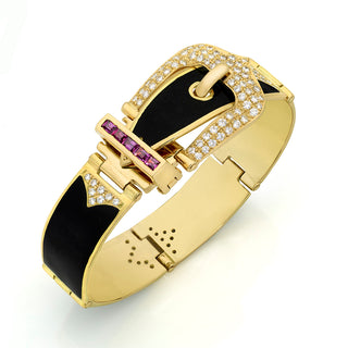 Vintage 18K Enameled Buckle Bracelet with Diamonds & Rubies