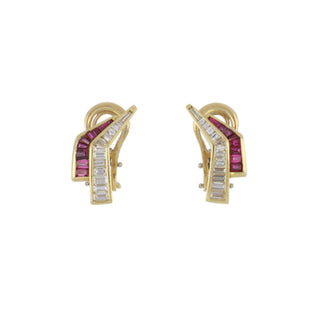Estate 18K Gold Baguette Ruby & Diamond Angular Earrings