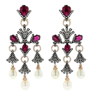 Zorab 18K Gold Pink Tourmaline, Pearl and Diamond Chandelier Earrings
