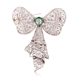 Edwardian Platinum Emerald & Diamond Filigree Bow Pin / Pendant Necklace