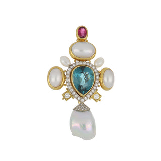 Estate Elizabeth Gage 18K Gold Indicolite and Rubellite Tourmaline Brooch with Pearl and Diamonds