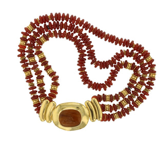 Estate Elizabeth Gage 18K Gold Carnelian Bead Necklace with Intaglio Clasp