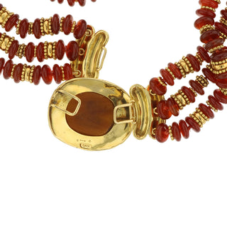 Estate Elizabeth Gage 18K Gold Carnelian Bead Necklace with Intaglio Clasp