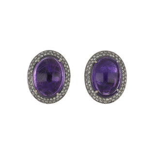 Estate 18K Gold Amethyst & Diamond Button Earrings