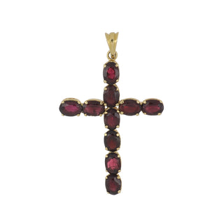 Estate 18K Gold Oval Garnet Cross Pendant
