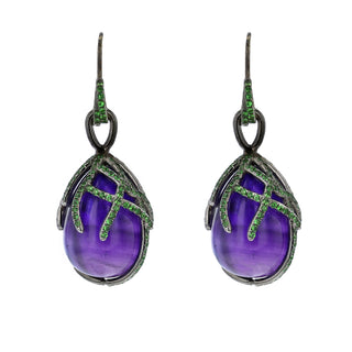 Estate Blackened 14K Amethyst Drop Earrings with Tsavorite Garnets