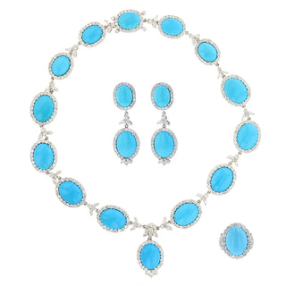 Estate 18K White Gold Natural Turquoise and Diamond Jewelry Suite