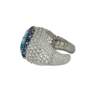 Masterpiece David Webb Couture Platinum Aquamarine, Diamond & Carved Sapphire Latticework Cuff Bracelet