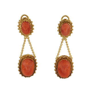 Victorian 18K Gold Etruscan-Revival Coral Cameo Swag Necklace with Drop Earrings