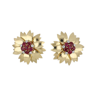Estate Aletto Brothers 18K Gold Ruby & Diamond Flower Earrings