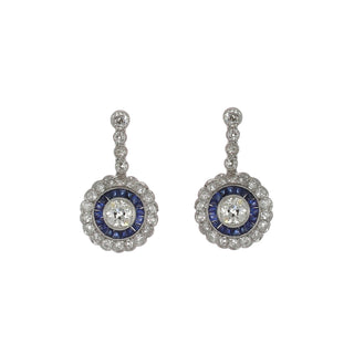 Estate Platinum Diamond Drop Earrings with Sapphires