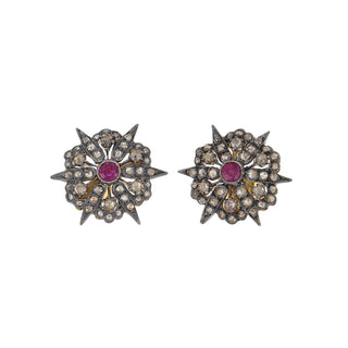 Vintage 1970s 15K Gold and Sterling Silver Ruby and Diamond Cluster Stud Earrings