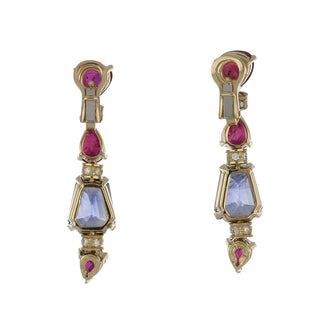 Vintage Bulgari 18K Gold Ruby and Sapphire Drop Earrings