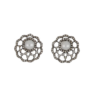 Sterling Silver Pierced Floral Pearl Stud Earrings with Diamonds