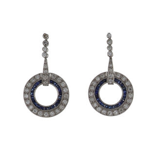 Estate Platinum Diamond Circular Drop Earrings with Sapphires
