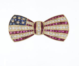 Vintage 1980s Signed B.C. 18K Gold Sapphire, Ruby & Diamond American Flag Bow Pin