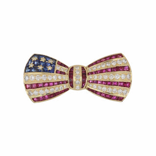 Vintage 1980s Signed B.C. 18K Gold Sapphire, Ruby & Diamond American Flag Bow Pin