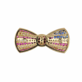 Vintage 1980s Signed B.C. 18K Gold Sapphire, Ruby & Diamond American Flag Bow Pin