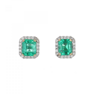 Tenenbaum 18K Two-Tone Gold AGL Emerald & Diamond Halo Stud Earrings