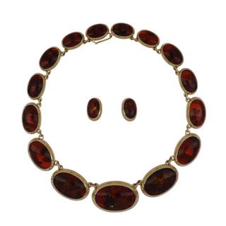 Estate 14K Gold Cabochon Amber Plaque Danish Jewelry Suite