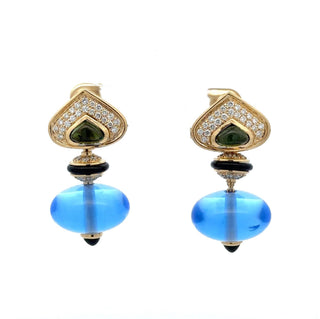 Vintage 1990s Marina B. 18K Gold Blue Quartz, Onyx & Tourmaline Drop Earrings