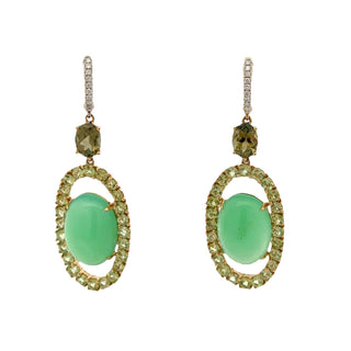 18K Gold Chrysoprase Drop Earrings with Peridot and Tourmaline