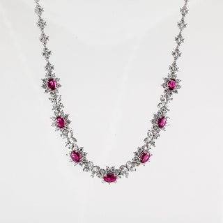 Estate Platinum Oval Ruby and Diamond Cluster Necklace