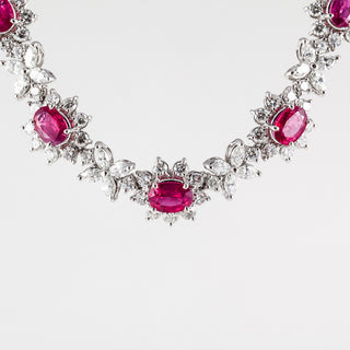 Estate Platinum Oval Ruby and Diamond Cluster Necklace
