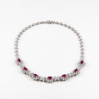 Estate Platinum Oval Ruby and Diamond Cluster Necklace