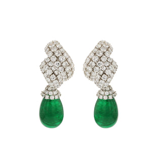 Estate David Webb Platinum Cabochon Emerald & Diamond Drop Earrings