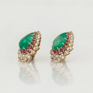 Estate David Webb 18K Gold Cabochon Emerald, Ruby and Diamond Earrings