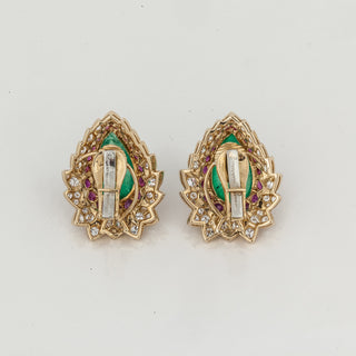 Estate David Webb 18K Gold Cabochon Emerald, Ruby and Diamond Earrings