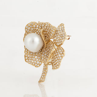 Vintage Tallarico 18K Gold Diamond Flower Brooch with Removable Pearl