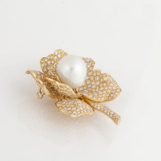 Vintage Tallarico 18K Gold Diamond Flower Brooch with Removable Pearl
