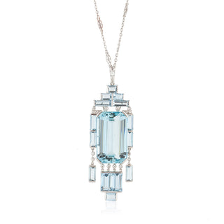Art Deco Platinum Aquamarine Drop Pendant Necklace with Diamonds
