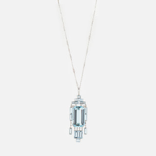 Art Deco Platinum Aquamarine Drop Pendant Necklace with Diamonds