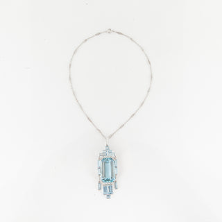 Art Deco Platinum Aquamarine Drop Pendant Necklace with Diamonds
