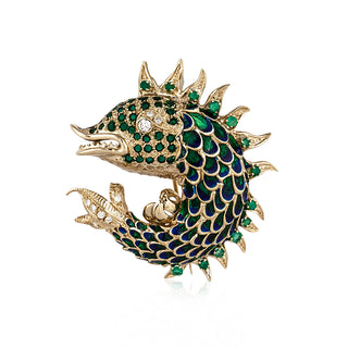 Estate 18K Gold Plique-a-Jour Enamel Fish Pin with Diamonds & Chrysoprase