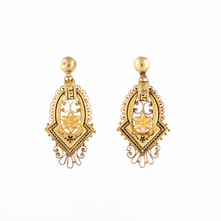 Victorian 14K Gold Drop Earrings with Black Tracery Enamel