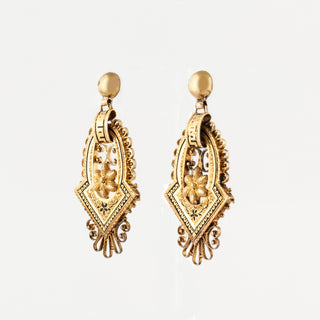 Victorian 14K Gold Drop Earrings with Black Tracery Enamel