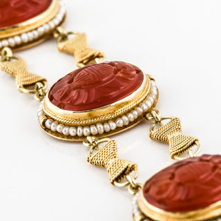 Art Deco 14K Gold Carnelian and Seed Pearl Link Bracelet