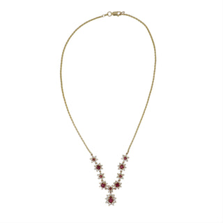 Vintage 1990s 14K Gold Ruby and Diamond Cluster Drop Necklace
