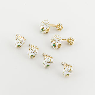 Vintage David Webb 18K Gold White Enamel Lion Dress Set with Emeralds