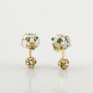 Vintage David Webb 18K Gold White Enamel Lion Dress Set with Emeralds