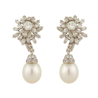 Vintage 1980s David Webb Platinum South Sea Pearl Drop Earrings with Diamonds
