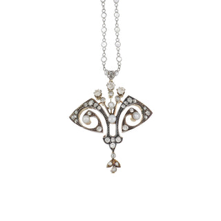Edwardian Silver Topped Rose Gold Diamond & Natural Pearl Lavalier